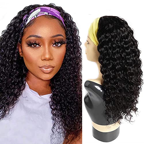 JCL Curly Headband Wig Human Hair 180% Density 18 Inch Wigs Natural Color Human Hair Wigs for Black Women Human Hair Deep Wave None Lace Front Wigs Human Hair