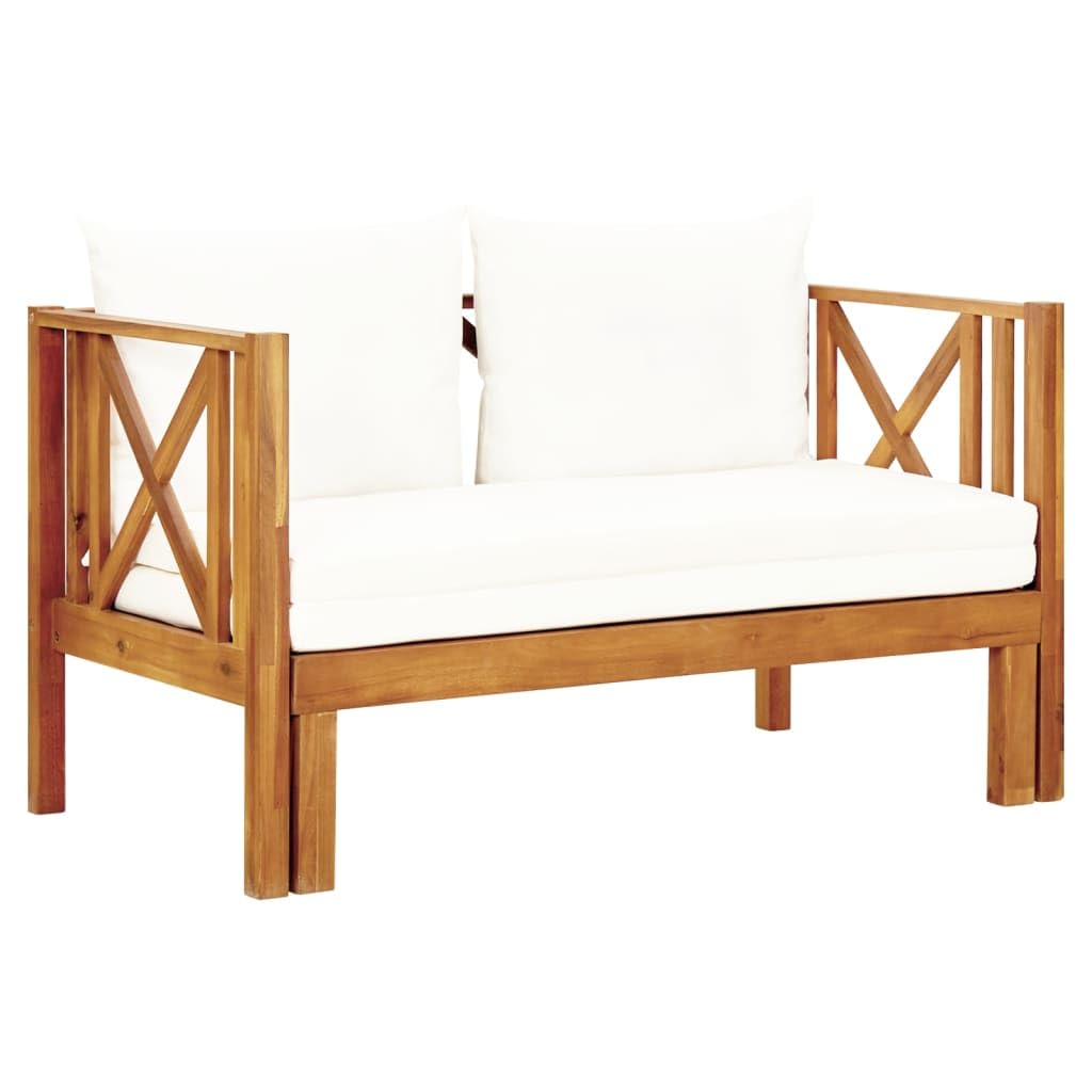 Fengshui Panca da giardino in acacia massiccio, 122 cm, con cuscino | Legno trattato ad olio, multifunzionale come letto da giorno, imbottitura spessa, facile da pulire
