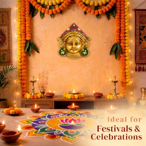 Image of Kalakriti Goddess Durga Face Wall Hanging Navratri Decorative Idol | Golden Finish Beaded Hindu Ambe MATA Bengali Devi Mask for Home Temple, Living Room & Festive Decor (Durga Face)