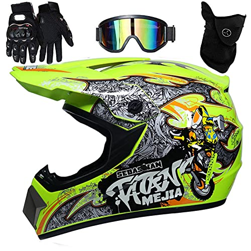 UIGJIOG Casque Moto Cross,Casque Moto Enfant Casque Certifié D.O.T avec Lunettes Gants Casque de VTT Intégral Comprend 4 Tailles de Doublure de Casque,D