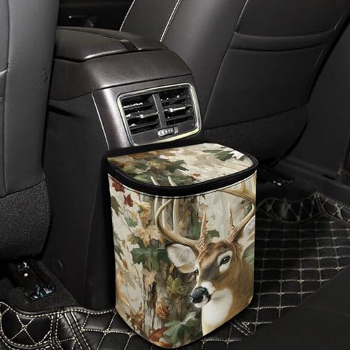 Image of Talayituse Forest Elk Hunting Camo Print Car Trash Can with Lid, Leak Proof Auto Trash Bag Hanging Vehicle Garbage Can Multipurpose Storage Container for Back Seat Road Trip