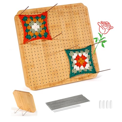 CraftyManor 12.5 in Blocking Boards for Crochet Projects with Rose Pattern Crochet Blocking Board with Pegs Granny Square Blocking Board with 20 Stainless Steel Pegs Bamboo