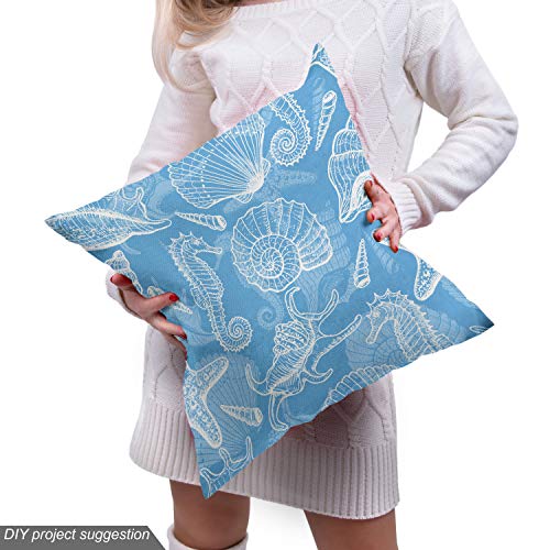 Image of Lunarable Underwater Fabric by The Yard, Doodle Style Aquatic Pattern Shellfishes and Seahorse Retro Animal Design Marine, Decorative Fabric for Upholstery and Home Accents, 3 Yards, White Blue
