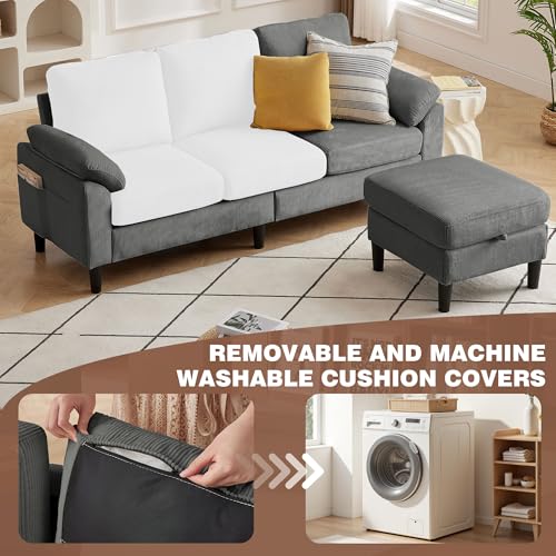 Image of 80''L Shaped Sectional Sofa Couch, 3 Seater Corduroy Sofa with Storage Ottoman, Removable & Washable Cushion Covers, Side Pockets, Modern L Couch for Living Room, Dark Grey