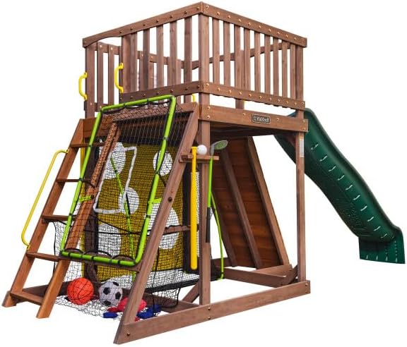 KidKraft All-in-One Sports Adventure Wooden Outdoor Playset with Rock Wall, Basketball Goal and Sports Equipment