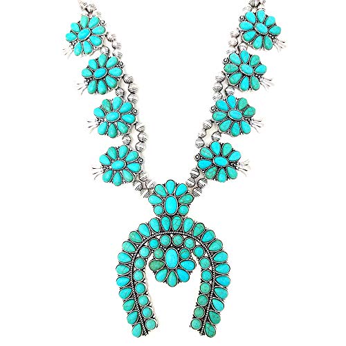 Emulily Squash Blossom Turquoise Statement Necklace and Earrings Set Western Naja pendant (Turquoise)