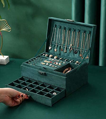 Large Jewellery Organiser with Drawer 3-Layer Velvet Jewellery Boxes/Jewellery Storage Case with Lock for Rings, Necklace And Earrings/Wedding Birthday Gift Box for Women (Green)
