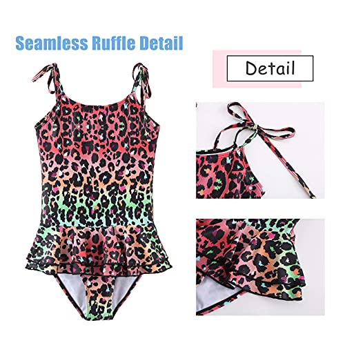Image of Girls One Piece Swimsuits Halter Bathing Suits Summer Rose Red Leopard Print Swimwear 2-14 Years