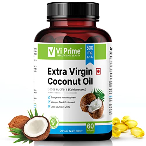 Vi Prime Extra Virgin Cold Pressed Coconut Oil Capsules For Women Men|For Improved Digestion, Cholesterol Control, Better Absorption, Immunity Booster, Bone Health| 500 mg SoftGels