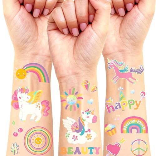 Unicorn Temporary Tattoos for Kids Girls - 94 Glitter Styles Unicorn Rainbow Fake Tattoos for Birthday Party Decorations Favors Waterproof Unicorns Tattoos Stickers for Girls - 4 Sheets