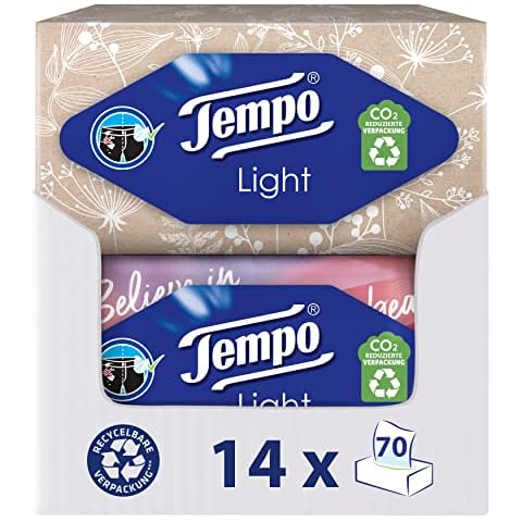 Tempo Light Box Taschentücher - Megapack - 14 Boxen, 70 Tücher pro Box - weiche Papiertaschentücher, waschmaschinenfest Cover
