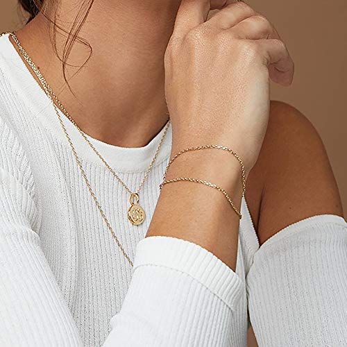 Image of Womens Dainty Gold Chain Bracelet,Simple Layered Chain Bracelets,Beaded Turquoise Bracelet,Charm Crystal Bar,Heart,Karma,Triangle,Pearl Bracelets for Women