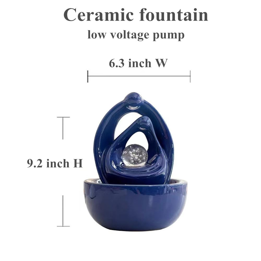 Ceramic Tabletop Water Fountain Feature for Indoor and Outdoor Home Decoration Table Desktop Office Modern Design (Blue)