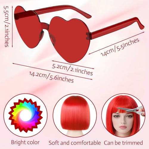 Image of MEEZY Red Short Bob Wigs Straight Hair with Flat Bangs Heart Sunglasses for Women, Colorful Funny Cosplay Party Neon Wig Synthetic Natural As Real Carnival Halloween Costume Party Favors