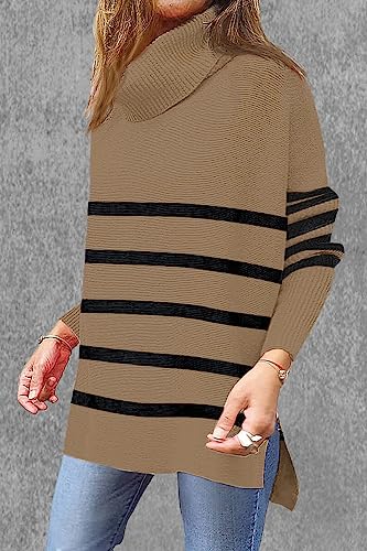 Image of Women's Turtleneck Oversized Sweaters Long Sleeve Split Hem Striped Knit Pullover Tops