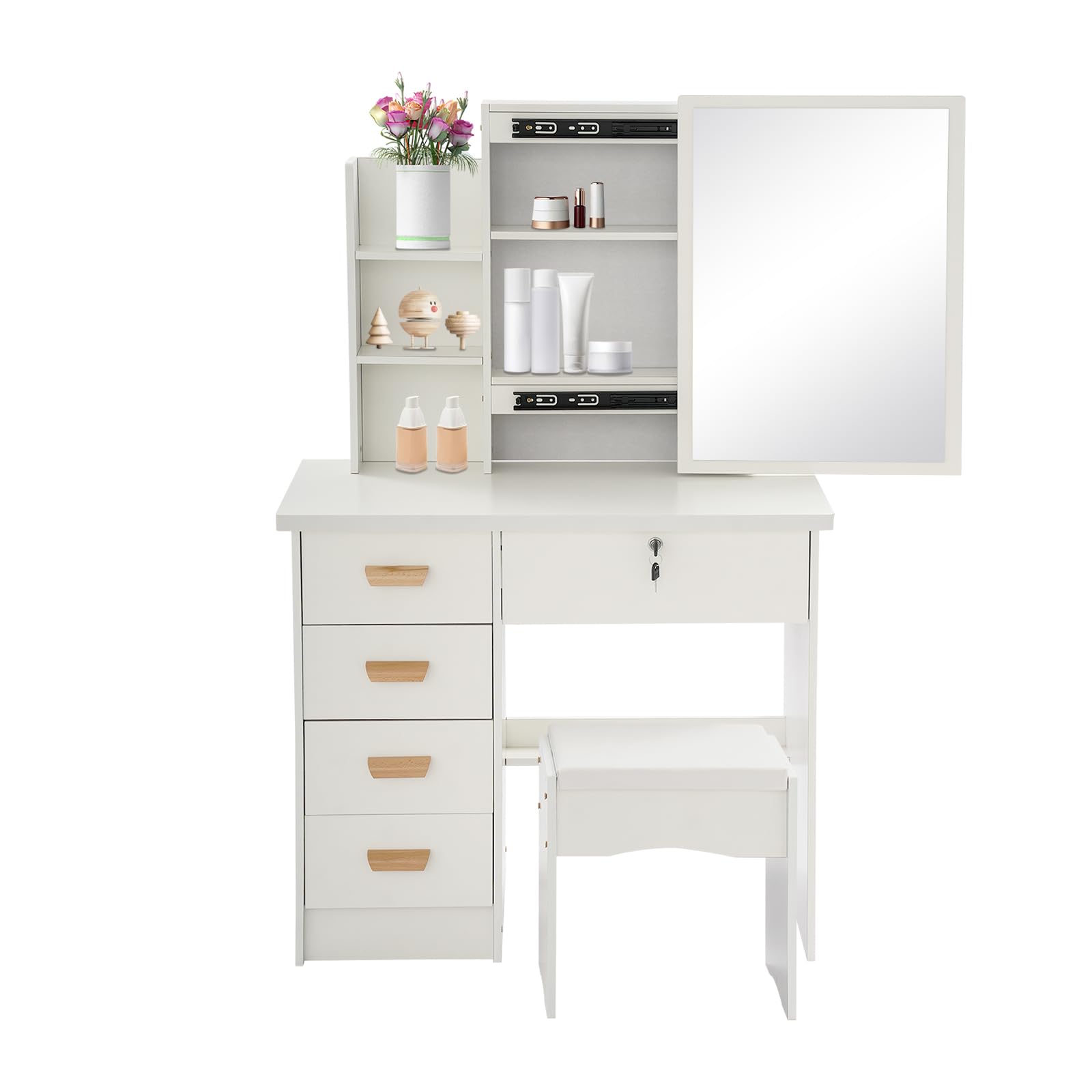 Tocador con espejo, tocador independiente, 80 × 35 × 128 cm, mesa cosmética con silla, 5 cajones y 3 estantes ocultos, con cerradura, juego de vanidad para dormitorio (blanco)
