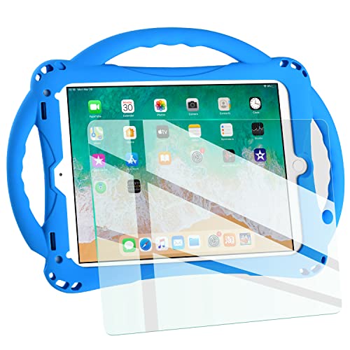 iPad 6th Generation Case, iPad 5th Generation Case,TopEsct Kids Case for New iPad 2017/2018 9.7 inch with Tempered Glass Screen Protector and Strap,Silicone Shockproof iPad Air & Air 2 Case (Blue)