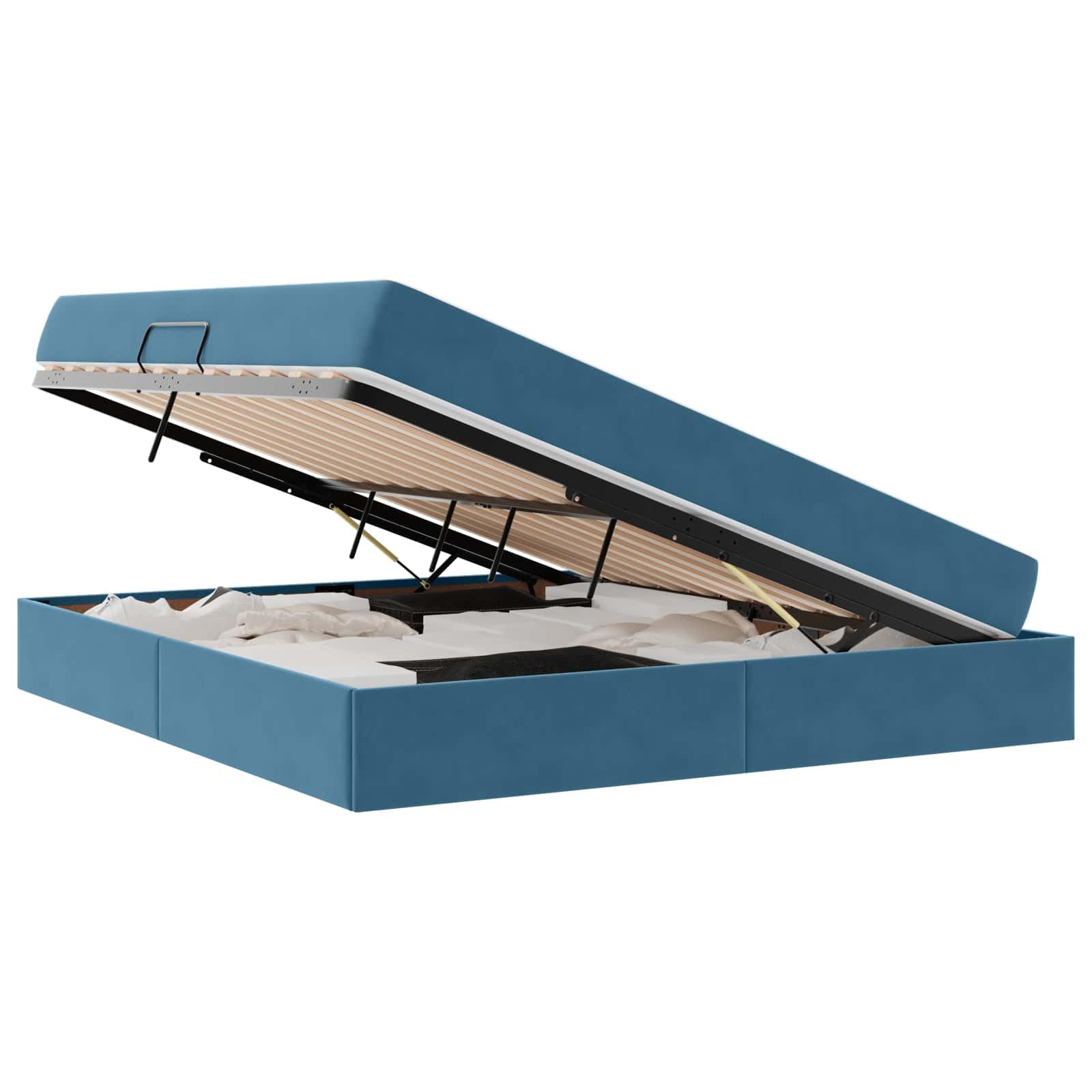 Cama de almacenamiento con colchón, terciopelo azul oscuro, 180 x 200 cm, elevador lateral hidráulico, muebles de dormitorio modernos, marco de cama super king size