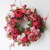 Artificial Peony Wreaths for Front Door 15inch Burgundy Peony Flower Wreath with Rose Green Leaves, Spring Summer Flower Door Wreath for Wall Wedding Party Home Farmhouse Decor,Valentines Wreaths