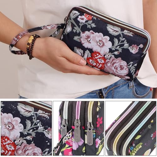 Wallet for Women,Large Capacity Flower Wristlet Wallet Oxford Cloth Pouch 3 Layers Handbag Coin Purse,Style-73