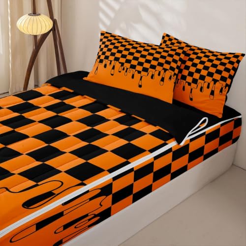 Image of Black and Orange Checkered Zipper Bedding Full Size Checkerboard Drip Gingham Grid Zip Up Bedding Set for Teens Adults, Y2K Modern Geometric Plaid Bed in a Bag Halloween Comforter with Fitted Sheet