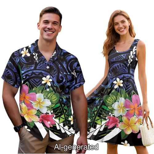 Image of Dreaweet Summer Dresses for Women A-Line Sleeveless Flowy Sun Dresses,Men's Casual Button-Down Shirts,Couple Matching Outfits