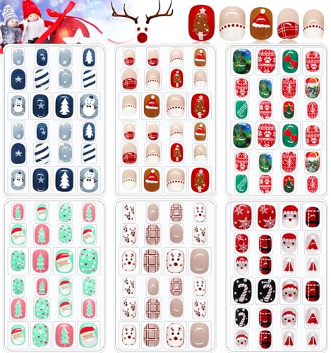 EBANKU 6 piezas Navidad Uñas Postizas para Niños, Artificial Pegatinas Adhesivas Cortas de Cubierta Completa Lindas Uñas para Niñas, Decoración Uñas DIY（ árbol de Navidad, Muñeco de Nieve, Papá Noel）