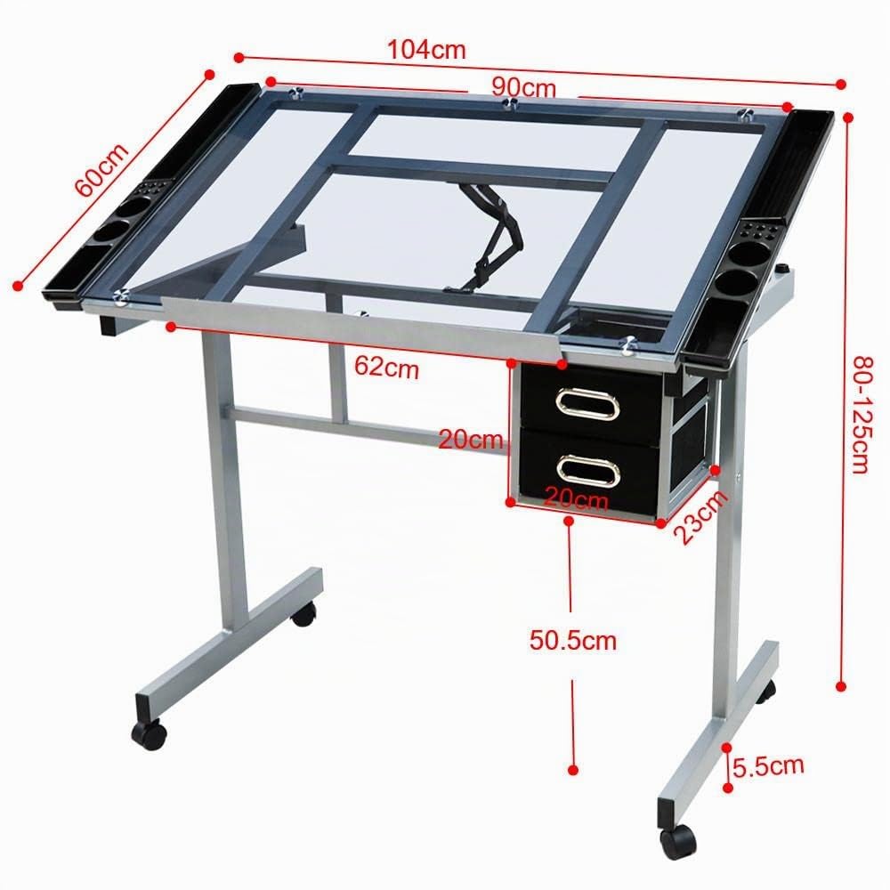 Abician Table à Dessin Inclinable avec 2 Tiroirs Bureau à Dessin Réglable en Hauteur avec Grand Plan de Travail Relevable 0°-60° Bureau pour Peintres/Architectes/Ingénieurs/Illustrateurs Noir