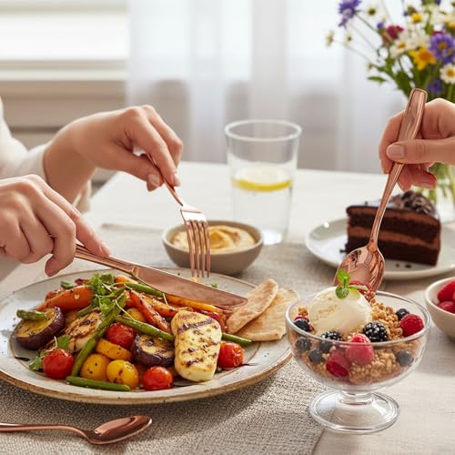 Image of 24 Pcs Rosegold Mirror Polish Stainless Steel Cutlery Set for Dining Table with Spoons and Forks Set + Butterknives - The Perfect Tableware /Flatware