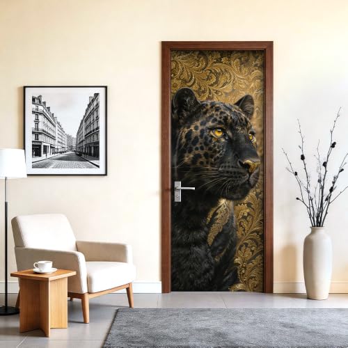 Image of Black Panther Gold Damask Portrait Door Mural 30.31x78.74in