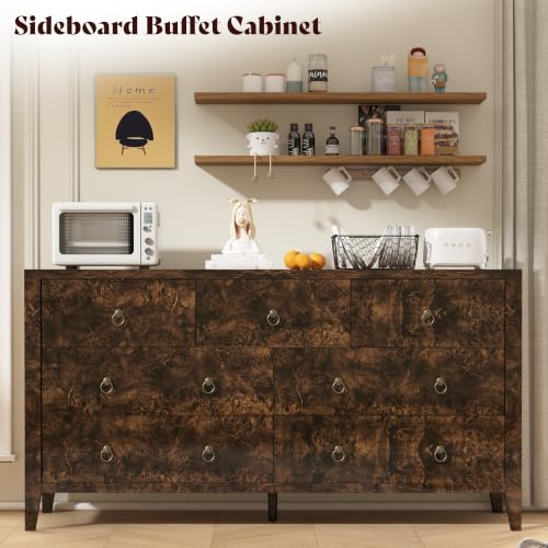 Image of AMERLIFE 61 inch Wide 7 Drawer Dresser with High Gloss Burl Wood, Brown