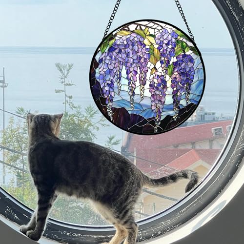 Stained Glass Window Hanging, Wisteria Flower Sun Catcher for Door Home Decor Purple and Blue Suncatcher Christmas Mother's Day Birthday Gifts for Women Men Mom and Nana 15 in3