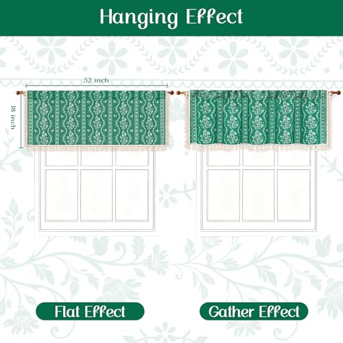 Image of Yinhua Boho Valance Curtains Vintage Linen Teal Kitchen Valances for Windows Light Filtering Bohemian Floral Valance Rod Pocket Farmhouse Tassel Window Valances for Bathroom Cafe, 52 inch W X 18 inch L