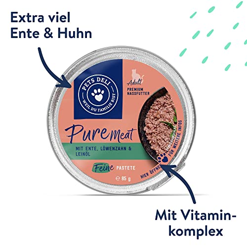 Pets Deli Pure Meat Nassfutter für Katzen mit Ente und Löwenzahn ohne Zucker und Gluten 12 x 85g