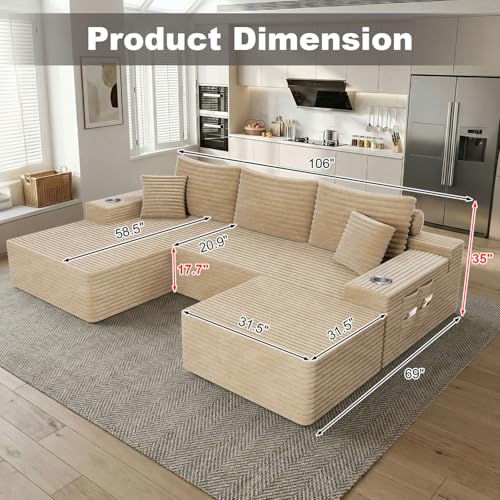 Image of 106 inch Cloud Sectional Couch with Ottoman, Modern U Shaped Corduroy Sofa, Higher 17.7 inch Seat Height, 32D Pure Foam, Built in Cup Holders, No Assembly Required (Camel, Left Facing Chaise)