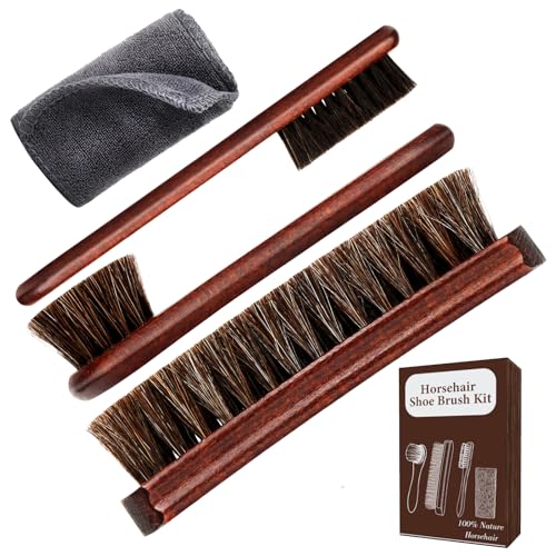 Lyssra 4-Piece 100% Horse Hair Shoe Brush Kit for Leather Care – Professional Dauber Applicators and Polishing Brushes with Cleaning Cloth for Leather Shoes, Boots, Bags, Jackets & Car Detailing