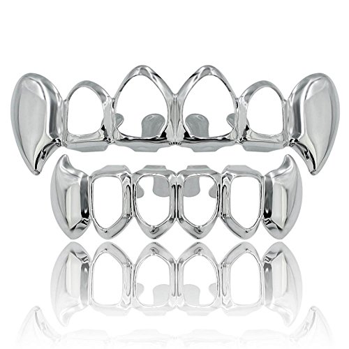 TOPGRILLZ 14K Gold Plated Open Face Top and Bottom Grillz for Your Teeth Vampire Grill Hip Hop Cosplay Costume Rapper Accessory (Silver Vampire)