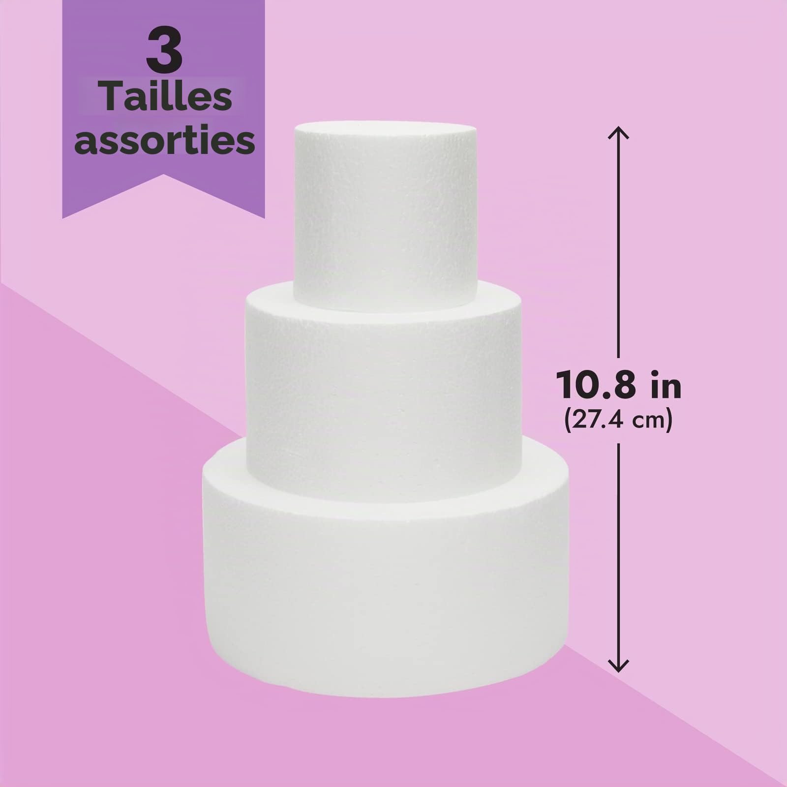 Bright Creations Lot de faux gâteaux – 27,4 cm de haut, 3 niveaux ronds en mousse blanche – pour faux gâteau d'anniversaire et décorations de mariage artificiel – Cylindres en mousse pour travaux