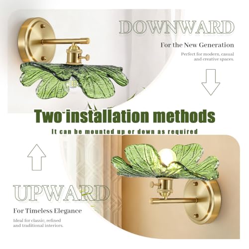 Image of Green Glass Sconce 2 Light Leaf Bathroom Vanity Light Mid Century | Vintage Wall Sconces Set of 2 Gold Wall Lamp, E26 Brass Base, Vanity Light fixtures, Living Room Hallway Entryway