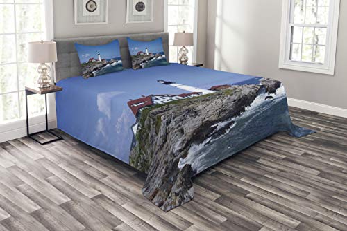 Ambesonne-Landscape-Bedspread-Marine-Themed-Photo-with-Lighthouse-on-Rocks-and-Wavy-Sea-Calm-Sky-Panorama-Decorative-Quilted-3-Piece-Coverlet-Set-with-2-Pillow-Shams-Queen-Size-Multicolor 51s4WTRs+6L