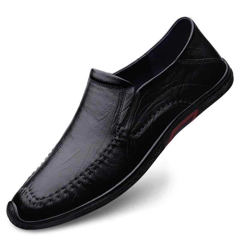 Mens Loafers Round Toe Leather Manual Stitching Loafer Shoes Anti-Slip Lightweight Slip Resistant Party Slip-on