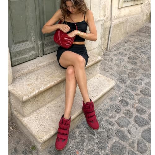 Image of Dsevht Hidden Wedge Sneakers for Women High Top Fashion Sneaker Suede High Heel Platform Tennis Triple Strappy Band Casual Vintage Dressy Comfy Campus Trendy Retro Sneaker
