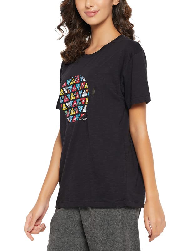Image of Clovia Women's Cotton Emoji Print T-Shirt in Black