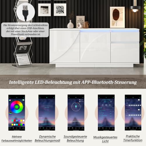 vutizal Niski kredens LED, biały, 140 x 40 x 60 cm, wysoki połysk, sterowanie za pomocą aplikacji – komoda z szafkami i szufladą do salonu