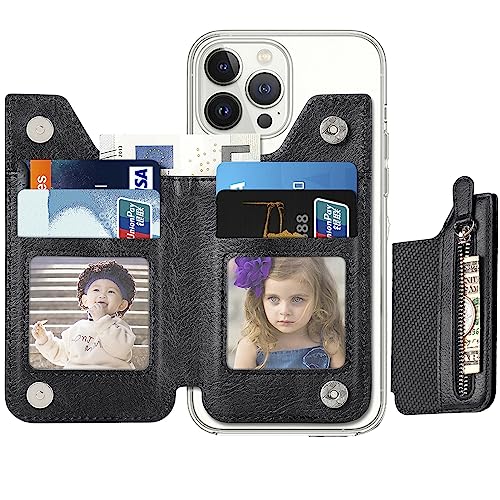 BOZKOA Flip Leather Phone Wallet Stick On for Most Phone,Card Holder for Phone Stick On of Adjustable Stand Function,Sticky Wallet for Back of Phone with Magnetic Clasp (Black)