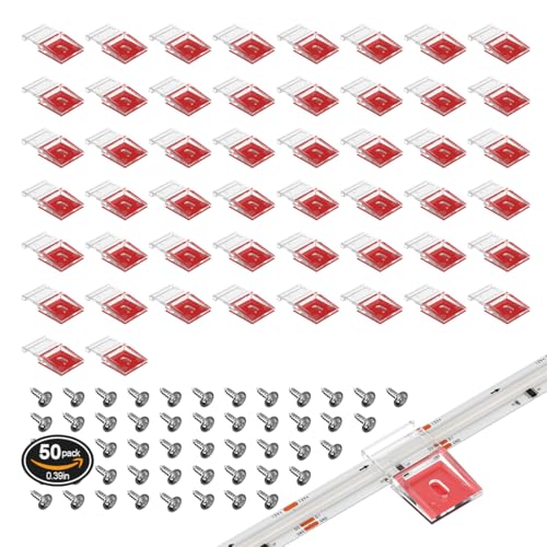 BTF-LIGTHING Transparent Strip Light Clips,Self Adhesive with Screws Mounting Holder, 50Pcs LED Strong Fixing Clips and Screws for 10mm Width IP30/65 SMD FCOB Strip Lights, Fairy String Lights