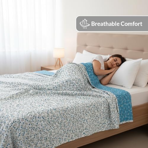 Image of HOMEMONDE 100% Cotton Reversible Dohar Double Bed Size | AC Blanket Comforter | Soft Lightweight Bed Blanket Quilt (84 x 94 Inch, Turquoise & White, Pack of 1)