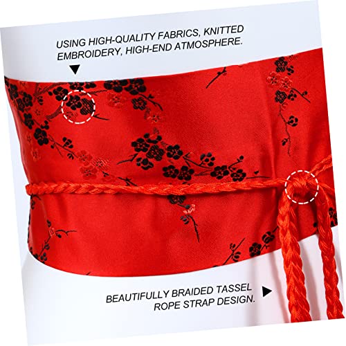 Ethnic Style Women Waist Belt Japanese Kimono Waistband with Embroidered Flower Pattern Braided Tassel Pendant Sash for Dress Shirt Yukata Red4