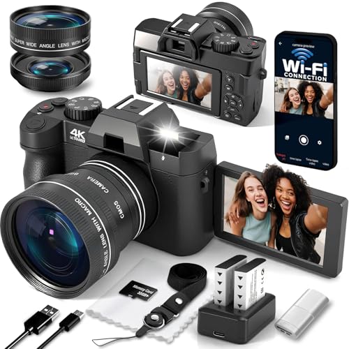 Fotocamera digitale 4K per fotografia con WiFi Vlogging Camera per YouTube Auto-Focus Fotocamera Digitale Compatta con Flip Screen, con 2 Batterie, Obiettivo Largo e Macro, Scheda MicroSD, Lettore di