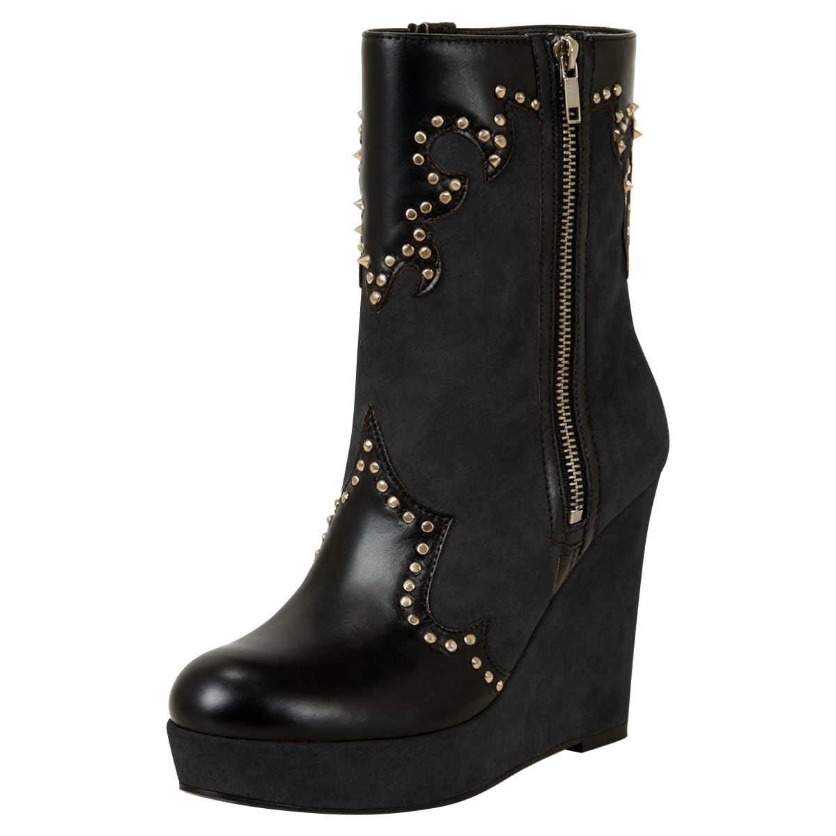 FOWT Women Platform Round Toe Ankle Boots Wedge High Heel Booties Rivet Studded Patchwork Side Zipper Fashion Shoes
